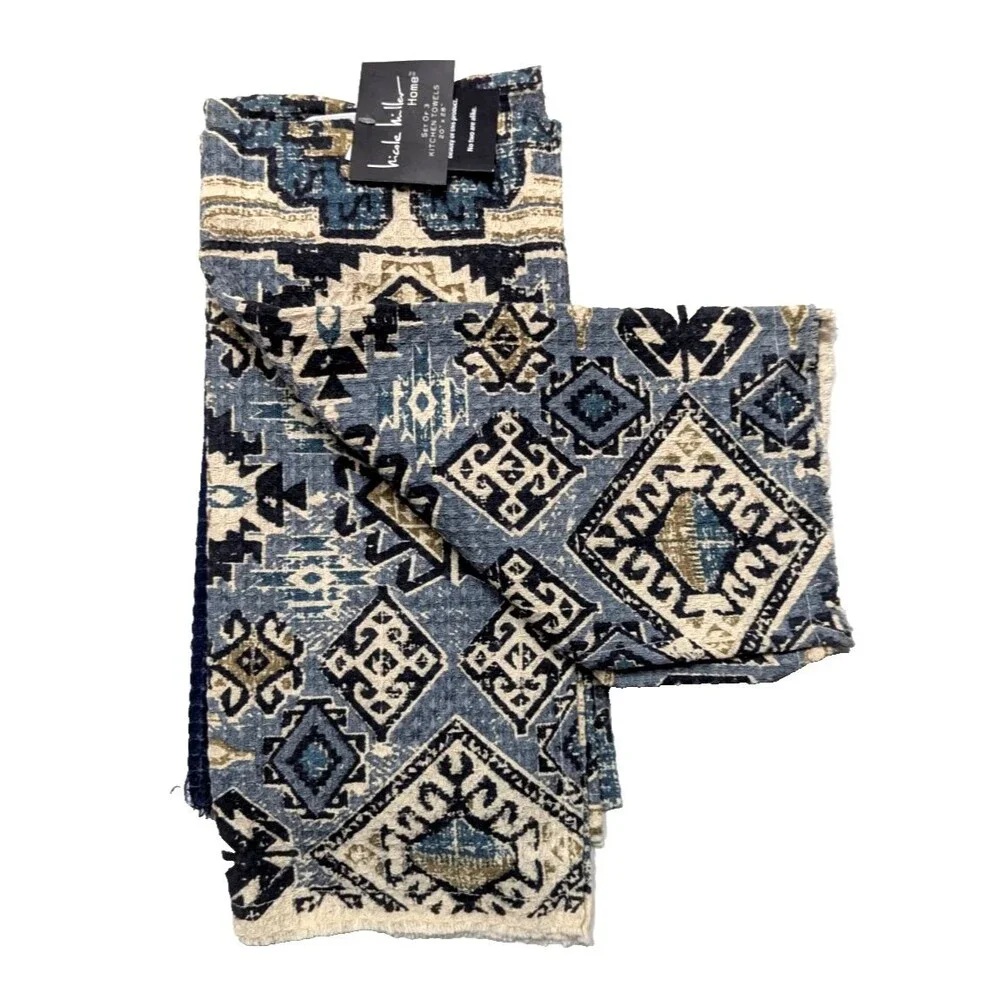 Nicole Miller Aztec Kitchen Towels Blue Cream Bohemian Print 3-pc Cotton NEW